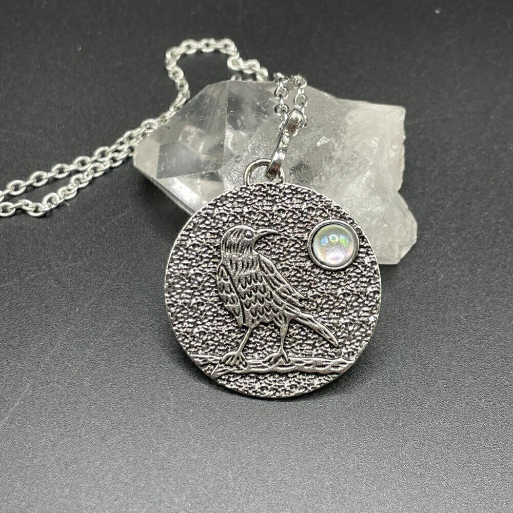 Medium Raven Silver Tone Moon Moonstone Pendant and Necklace #1338